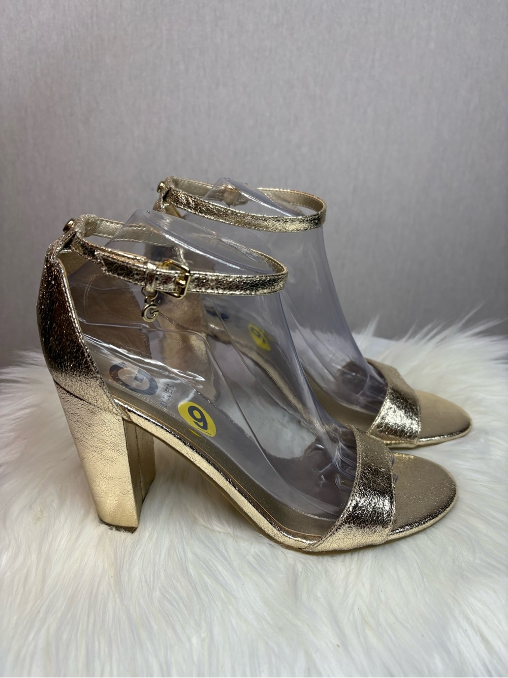 G by Guess Metallic Gold Clear-Strap Block Heel Sandals